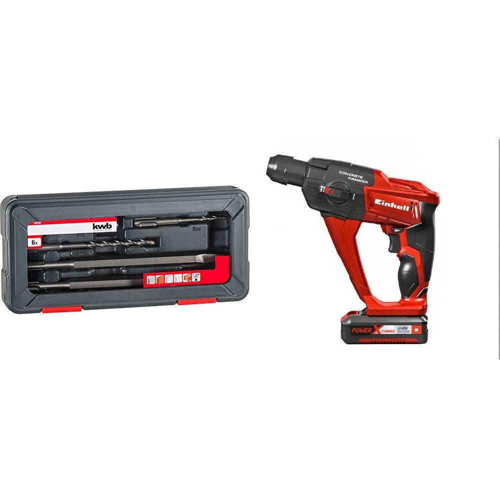 kwb 49109166 Hammer Drill Set, 6-Piece with Einhell TE-HD 18 Li Kit Power X-Change Cordless Rotary Hammer Kit with 18 V 1.5 AH Li-Ion Battery