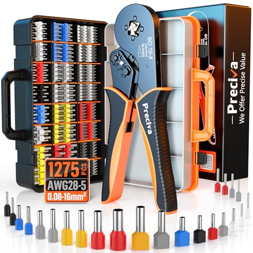 Preciva Crimpzangen Aderendhülsen Set mit Koffer, Crimpzange 0,08-16mm² Aderendhülsenzange mit 265 Twin und 1010 Einzeilige Aderendhülsen Set für Heimwerker und industrieller Bedarf