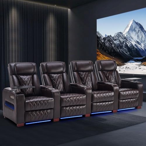 Image of Luxury Home Theater Seating - Power Recliner with Adjustable Headrests, Blue LED Ambient Lighting, Tray Table, USB & Type-C Charging (Dark Brown,4 Seat)