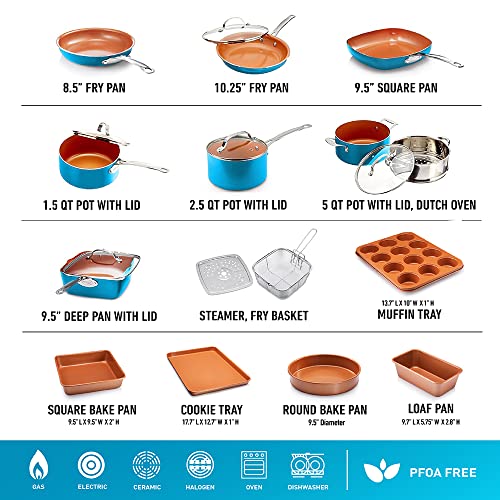 Image of GOTHAM STEEL 20 Piece Copper Pots and Pans Set Nonstick Cookware & Ceramic Bakeware Set, PFOA PFOS Free, Dishwasher /Oven Safe to 500F, Non Toxic, Metal Utensil Safe - Turquoise
