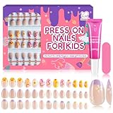 Misssix 78 Pcs Press on Nails for Kids, 3 Pack Kid Fake Nail Kit Cute Press on Nails, Old Colorful Flower Glue On Nails Stick On Nails for Girls 8-12 Years
