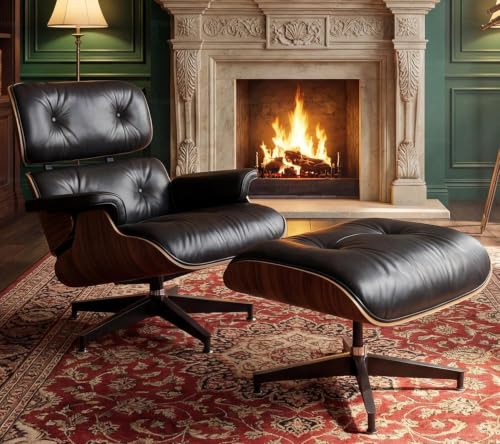 Image of Mid Century Modern Top Grain Leather Chaise Lounge Chair & Ottoman