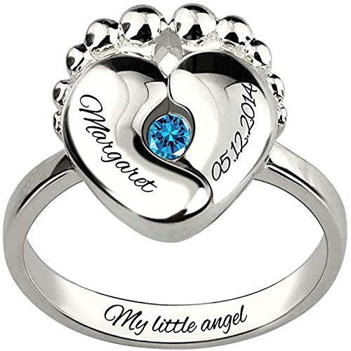 Personalized Engraved Baby Feet Birthstone Ring Sterling Silver 925 Ring for New Mom