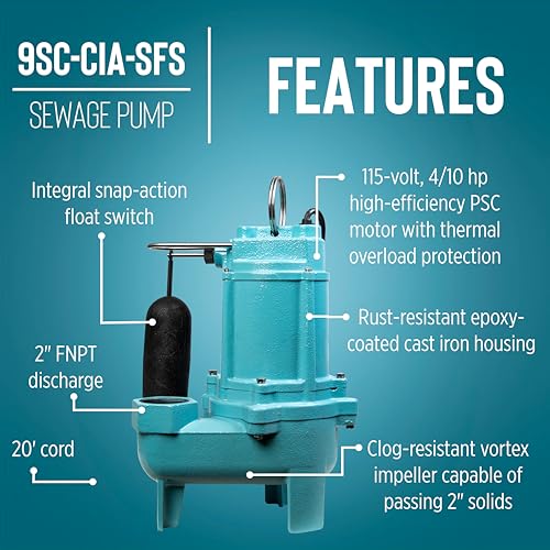 Image of Little Giant 9SC-CIA-SFS 115 Volt, 4 /10 HP, 6000 GPH Epoxy-Coated Cast Iron Submersible Sewage Pump with Integral Snap-Action Float Switch, 20-Ft. Cord, Blue, 509411