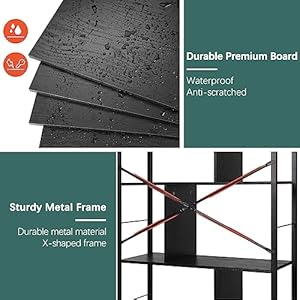 Yoobure 5 Tier Tall Book Shelf, Industrial Bookshelf Storage Bookcase, Open Wood Book Case, Rustic 5 Shelf Display Shelf for Living Room, Modern Standing Book Shelf for Bedroom, Home Office, Kitchen - immagine 6