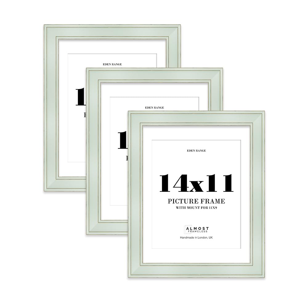 14x11" Sage Green Picture Frame with 11x9" Mount - Shabby Chic Photo Frame with Distressed Finish, Gold Trim, Wall Hooks and Kickstand, 37mm Edge - 3 Pack