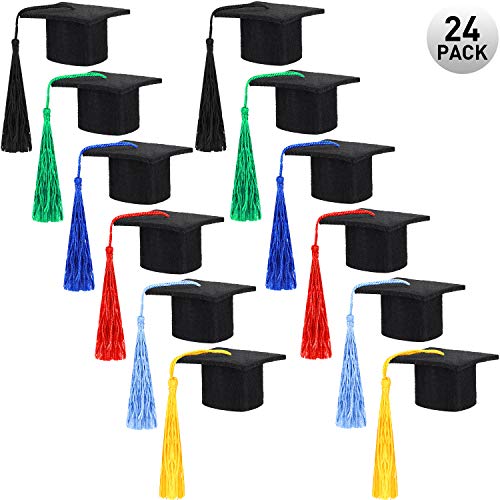 meekoo 24 Pieces Mini Graduation Hat Black Felt Graduation Hat Graduation Caps with Colorful Tassels for Graduation Party Drinker Bottle Topper Table Decoration