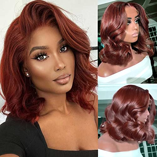 haha Reddish Brown Bob Wig Human Hair 13x4 Lace Front Bob Wig Body Wave Short Frontal Bob Wig Pre Plucked Bleached Knots Copper Red Bob Wig Loose Wave 150% Density Auburn #33B 10 Inch