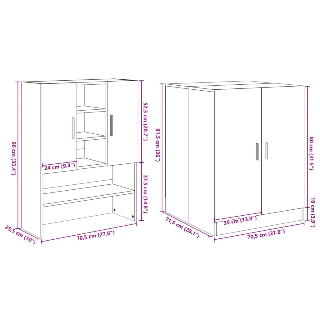 Waschmaschinenschrank 2 Stk. Sonoma Eiche Holzwerkstoff, 70,5 x 71,5 x 181,5 cm, mit Griffen, für Waschmaschine und Trockner Stauraum im Bad oder Waschraum