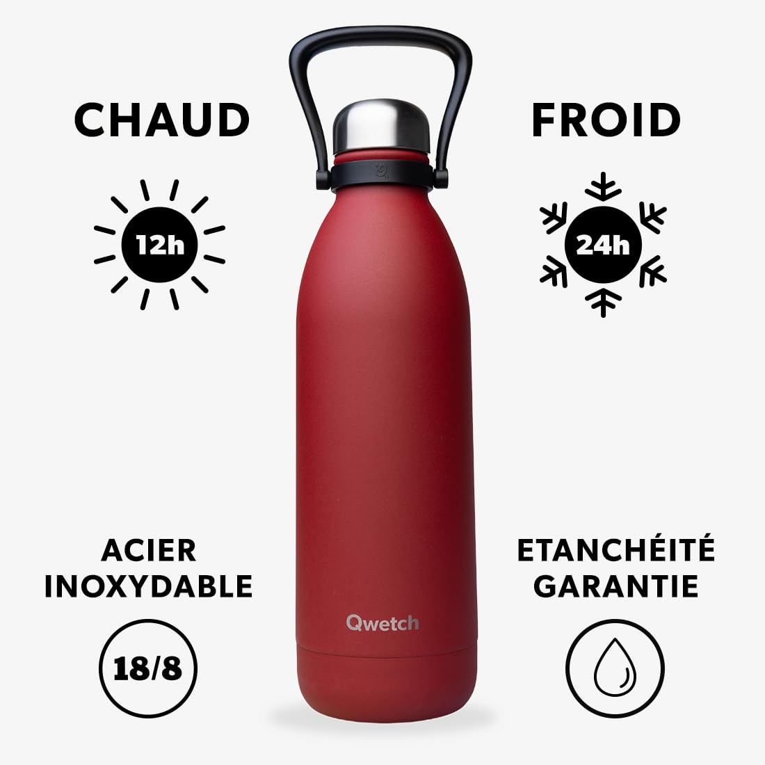 Qwetch - Grande Bouteille Isotherme - Rouge Piment 1,5L - 48h Froid et 16h Chaud - Etanche & Sans BPA - Gourde Inox avec Poignée de Portage - Thermos isotherme pour Pique-nique, Camping, Famille