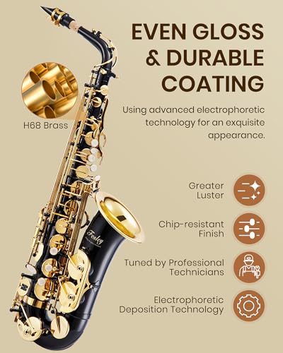 Fesley Saxophone E Flat Alto Saxophone: Saxofón for Professional, Alto Sax for Beginners & Students, Saxophones with Reeds, Neck Strap, Sax Case & Portable Cleaning Kit, Gold & Black - Thumbnail 2