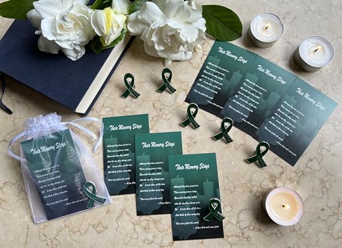 Image of 60 Set Funeral Ribbon Pins Memorial Pin Forever in Our Hearts Lapel Pin Remembrance Brooch with Prayer Cards & Organza Bags