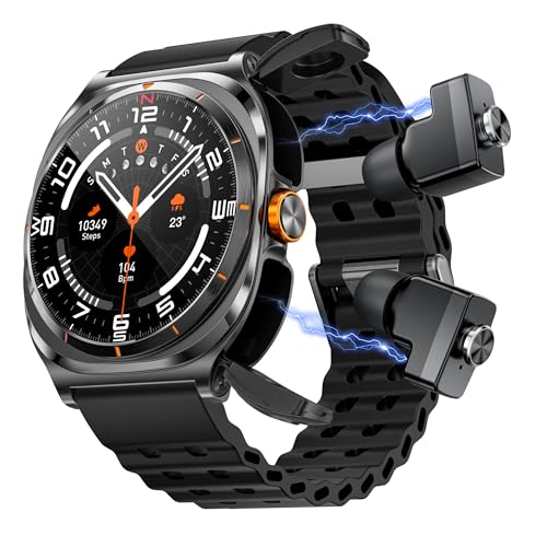 Ateclouds Smart Watch with Wireless Earbuds, Fitness Tracker Sports Watch, Compatible iPhone Android,Heart Rate Monitor, Sport Band Bluetooth Call Watches for Men 1.53" Steel Material Ultra-Thin Body