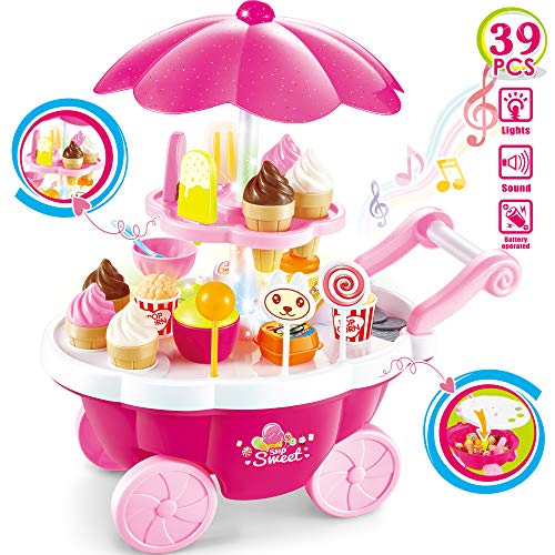 Buyger 39 Pezzi Cucina Cibo Negozi Giocattolo Carrello Gelati con Leggero e Musica Gioco d'Imitazione Regalo per Bambini