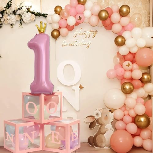 Image of Rozi Decoration Pink Number 1 Balloon Box Set of 3 | 11.8 inch First Birthday Decor Boxes for Baby Girl | 1st Birthday Party Supplies with Clear Window & Letter Cutout