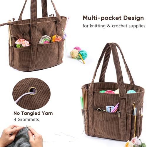 Image of MYBAGZING Corduroy Crochet Bag 11.5 inch Large Yarn Storage Tote with Grommets, Needle Holders - Knitting Bag Organizer for Crochet Hooks, Accessories, Tools & Projects -Gift for Knitters & Crafters