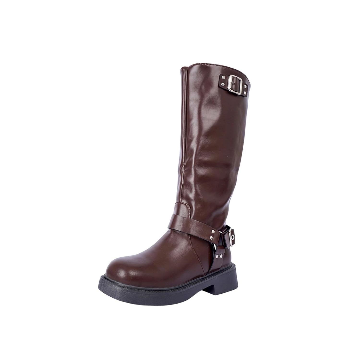 Womens Knee High Boots Side Zipper Motorcycle Boots Square Toe Chunky Low Heel Fashion Buckles Biker Riding Boots