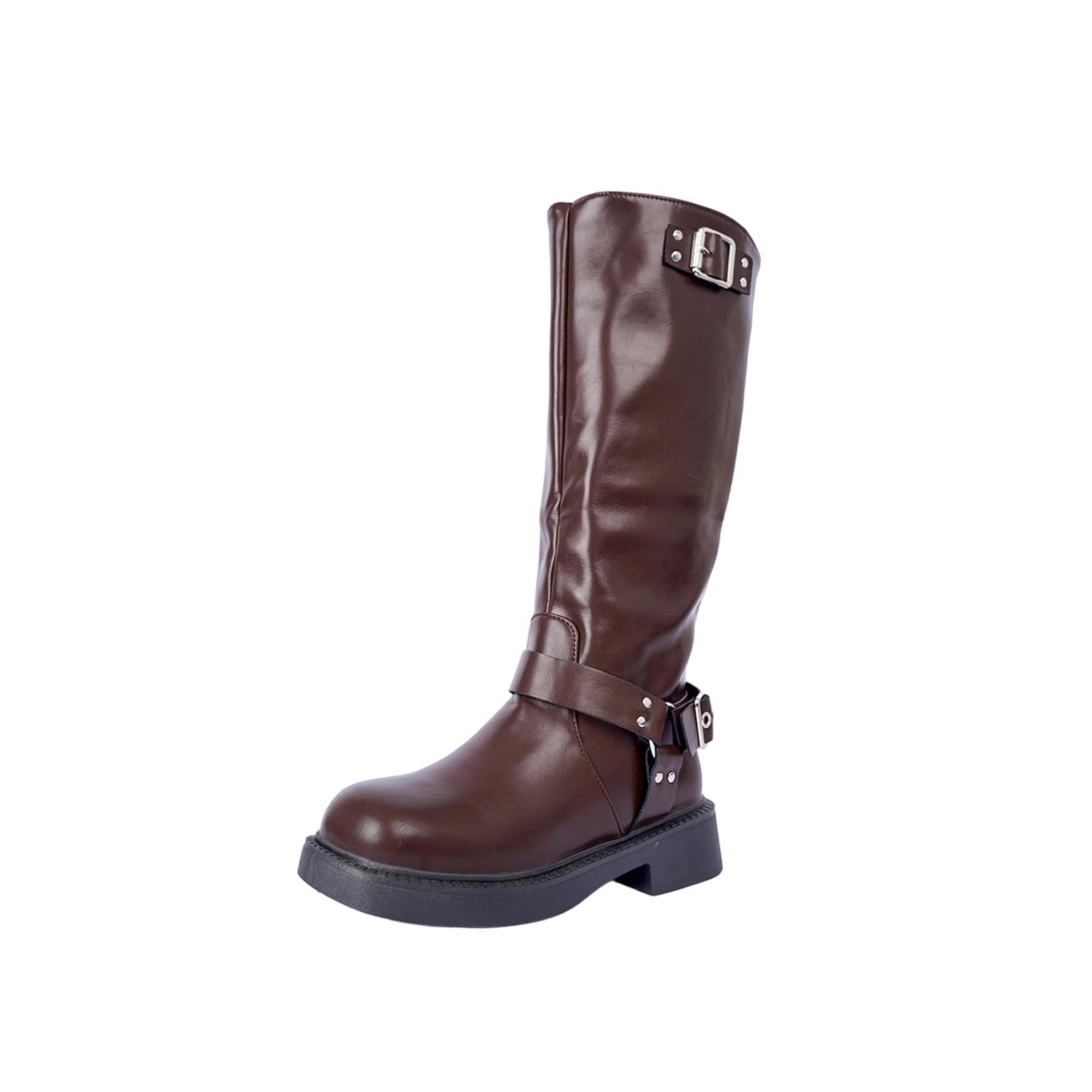 Womens Knee High Boots Side Zipper Motorcycle Boots Square Toe Chunky Low Heel Fashion Buckles Biker Riding Boots