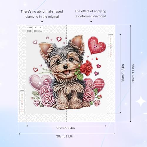 Image of AiYuanzsh 5D Special Shape Diamond Art Kits for Adults, Valentine Puppy Diamond Painting Kit with Hearts and Roses, Crystal Rhinestone Diamond Art for Wall Decor Gift, 12x12 Inch