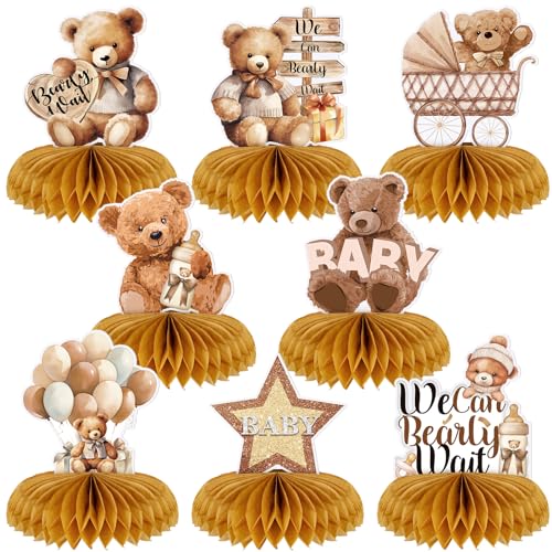 Zonon 8 Pcs We Can Bearly Wait Baby Shower Decorations Bear Center Pieces for Baby Shower Neutral Cream Honeycomb Centerpieces Table Decorations for Kids Birthday Party Favor Supplies(Brown)