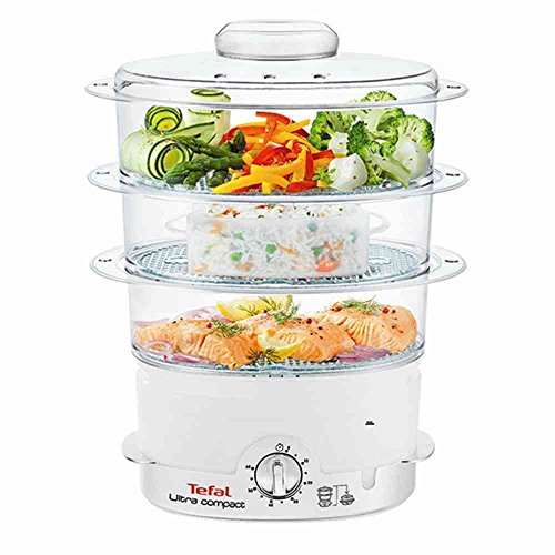 Tefal Cocedor al Vapor (hasta 3 Vez,temportizador de 60 min, Ultra Compacto), Blanco, 900 W, Gris,...