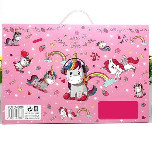 Image of WISHKEY 41 Pieces Unicorn Theme All-in-One Stationery Set, Stationery Items with Pencil Box, Notebook, Scale, Eraser, Sharpener, Crayons, Color Pencils, Color Pens, Pencils for Kids (Pink, 6+ Years)