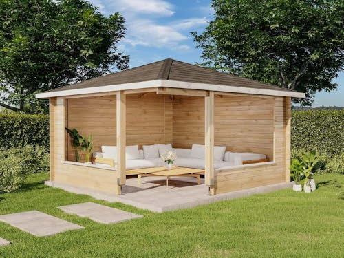 Alpholz 5-Eck Gartenlaube Maik-40 aus Massiv-Holz, Gartenhaus mit 40 mm Wandstärke, Gerätehaus inklusive Montagematerial, Geräteschuppen Größe: 400 x 400 cm, Spitzdach