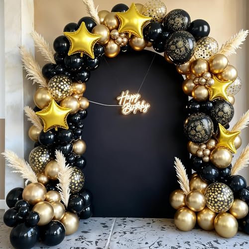 Image of Black and Gold Balloons, Black Gold Fireworks Printed Balloons, Confetti Balloon 4 And 5 point Star Foil Balloon For New Year Graduation Birthday Baby Shower Party Wedding Celebration Retirement Decor