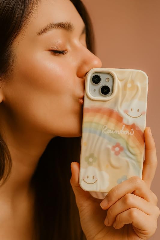 Image of COVERLY for iPhone 15 3D Rainbow Wonderful Day Smile Cloud Wrinkle Phone Case, Luxury Texture Trendy Retro Cute Happy Vibes VIBGYOR Artistic Cool Design -Aesthetic Princess Cover for Apple iPhone 15