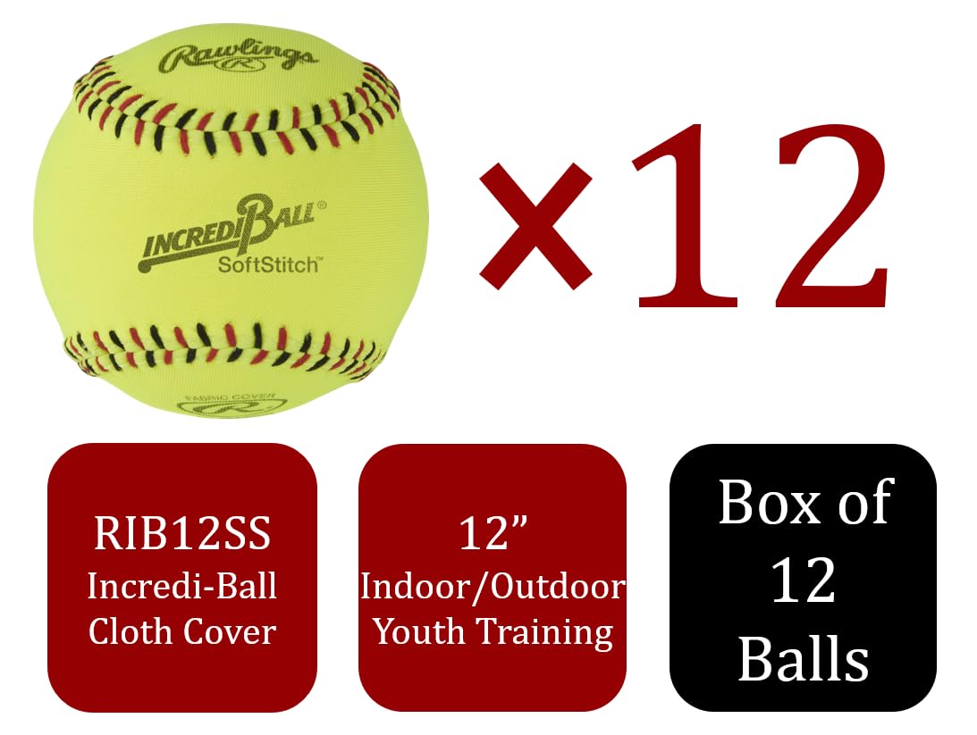Rawlings Incredi-Ball Softstitch-Softbälle in Gelb, 27,9 cm und 30,5 cm Optionen, Stoff- und Kunstlederbezug, 12 Stück