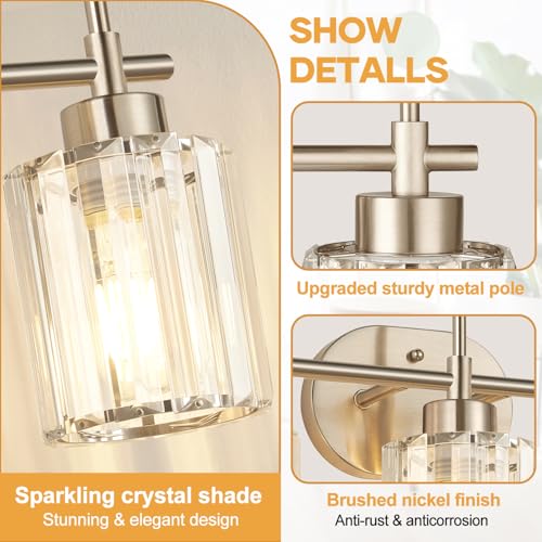 Image of 3-Light Bathroom Vanity Light Fixture, Brushed Nickel Bathroom Light with K9 Clear Crystal Shades, Modern Wall Sconce Lighting for Bathroom Mirror, Bedroom, Hallway