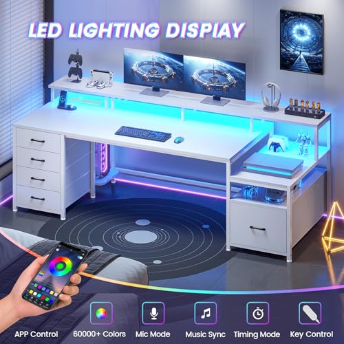 Image of SEDETA White Computer Desk with 5 Drawer & Power Outlet, 75'' Home Office Desk with File Drawer, Storage Shelves, Printer Cabinet and Monitor Shelf, Gaming Desk with Led Lights, 23.6 inch W Desktop