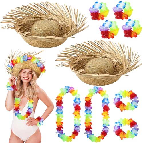 Aneco Hawaii Straw Hat and Hawaiian Leis Set 2 Pava Beachcomber Hats with 8-Piece Leis Necklaces Headbands and Wristbands for Summer Pool Luau and Tropical Party Supplies