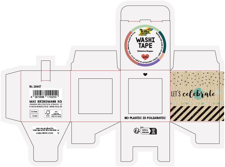 Folia 26447 - Cinta Adhesiva De Papel De Arroz, Juego De 4 Unidades De Papel De Estraza "Let's Celebrate", 3 Rollos De 10 M X 15 Mm Y 1 Rollo De 10