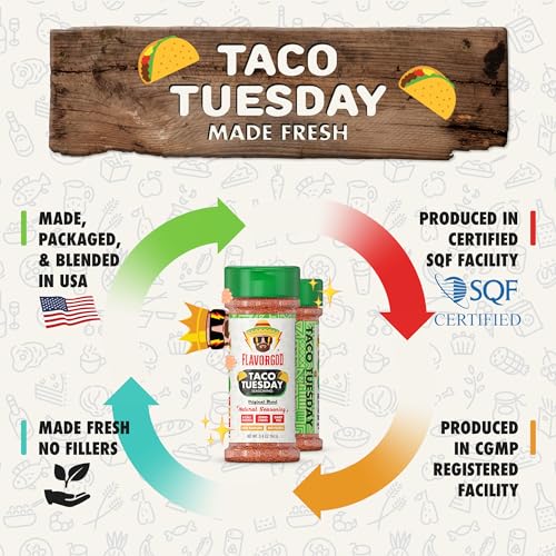 Image of Taco Tuesday Seasoning Mix by Flavor God - Premium All Natural & Healthy Spice Blend for Grilling Chicken, Beef, Seafood, Vegetables, Salad, Ravioli, Pizza, & Pasta - Kosher, Gluten-Free, Dairy-Free, Vegan, Keto Friendly