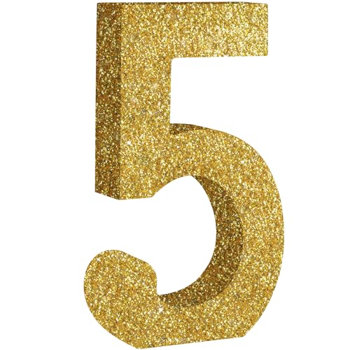 TONIFUL 7.8 Inch Gold Glitter Number 5 Wooden Table Centerpieces Birthday Party Decorations,Shining Golden Digit 5 for Birthday Decorations,New Year,Graduation Decoration,Anniversary,Prop (1 Pack)