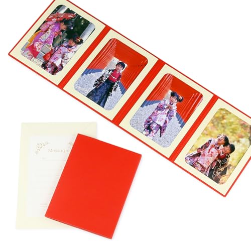 山田屋台紙店 無地表紙 写真台紙 Lサイズ 4面タテ (封筒付き・メッセージカード:ツタ) (レッド)