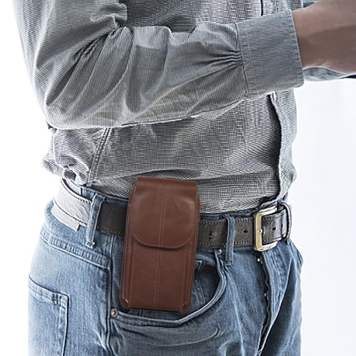Funda de piel auténtica compatible con iPhone 16, 15, 14, 13, 12 Pro, XR, compatible con Samsung S25, S24, S23, S22, con clip para cinturón (se adapta a la funda), color marrón