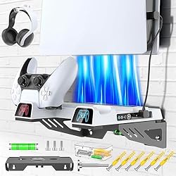 Ventilador Fijo Tokluck Soporte Pared para PS5, Soporte PS5 con Ventilador de Refrigeración y Cargador de Mando para PS5, Base de Carga PS5 con Soporte para Auriculares