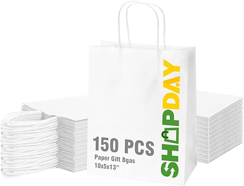 SHOPDAY Paquete de 150 bolsas de papel blanco con asas a granel de 10 x 5 x 13 pulgadas, bolsas de papel kraft reciclables grandes para pequeñas