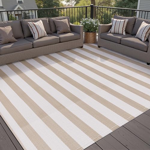 Outdoor Waterproof Patio Rug 9x12 Plastic Straw Reversible Lightweight Outside Beige Striped Large Carpet Outdoor for Camping RV Porch Deck Balcony Be