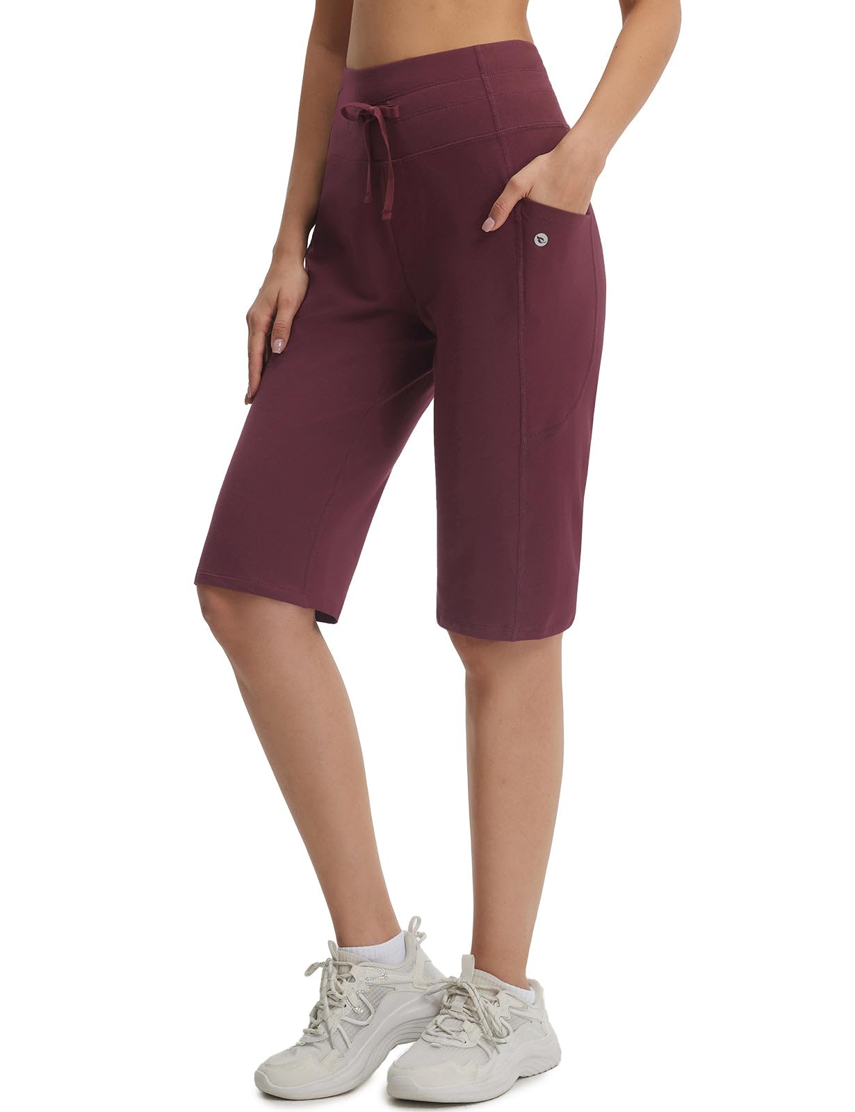 baleaf Damen Shorts Baumwolle Bermuda mit Taschen Sommerhose 35CM Knielang Yogahose Hohe Taille Lounge Casual Activewear Hosen