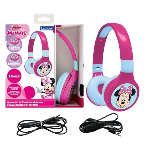 LEXIBOOK - Disney Junior Minnie - Auriculares Bluetooth e com cabo 2 em 1 com microfone e botão de controlo, bateria recarregável de longa duração - HPBT010MNLXB