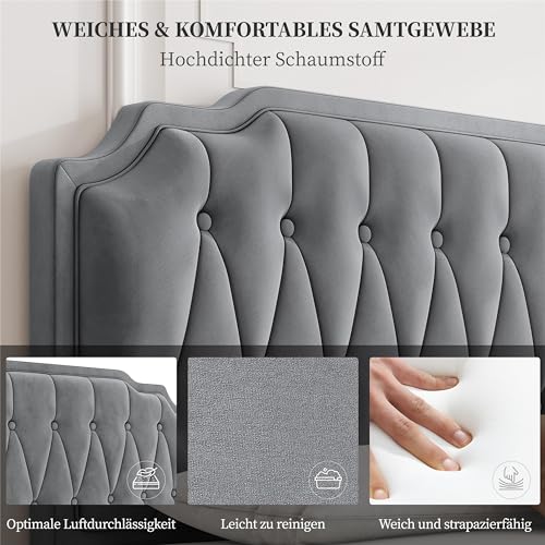 Yaheetech Polsterbett Doppelbett 140 × 200 cm Stoffbett Bettgestell Gepolstertes Bett mit höhenverstellbarem Kopfteil Bettrahmen mit Lattenrost, Hellgrau