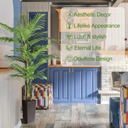 Image of 6ft Tall Triple Golden Cane Palm Artificial Tree Large Tropical Palm Tree UV Resistant Fake Plant in Pot for Indoor Outdoor Big House Living Room Outside Patio Office Home Decor 1Pack