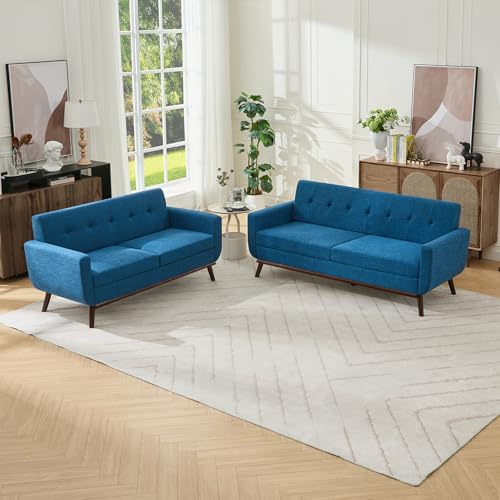 Kingfun Living Room Furniture Sets, Loveseat & Standard, Mid Century Modern Decor Sofa Couches, Button Tufted Upholstered Furniture, Blue