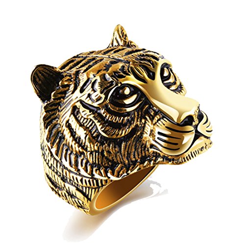 SEVEN50 Men's Yellow 316L Stainless Steel Tiger Head Band Vintage Gothic Tribal Biker Ring with Gift Box  (10)