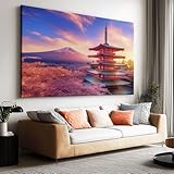 Arte de pared sin marco, diseño de nubes de cerezo, horizontal, edificio japonés, montañas, pintura sobre lienzo, para sala de estar, dormitorio, decoración moderna del hogar, 90 x 60 cm (largo x