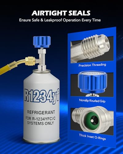 Image of Orion Motor Tech R1234yf Self Sealing Can Tap, for Self Sealing R1234yf Refrigerant Recharge, Self Sealing R1234yf Refrigerant Dispenser with 1 /4 inch to LH Threading 1 /2 inch Adapters for Refilling AC System