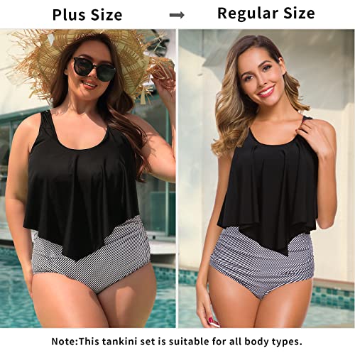 SuperPrity Tummy Control Bathing Suits for Women High Waisted Swimsuit Cute Two Piece Ruffle Padded Swimwear - S,Black
